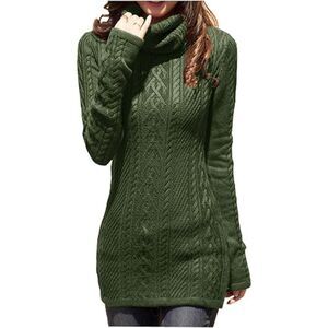 Women's Turtleneck Knit Sweater Green Long Slim Fitted Bodycon Dress Long Sleeve